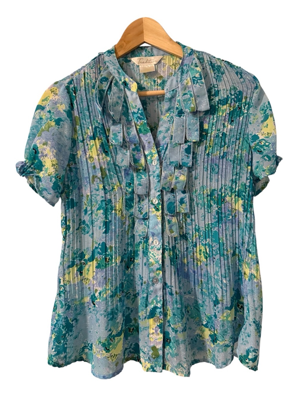 Tradition Blue Floral Pleated Ruffle Blouse Women’s M/L 21” PTP Button Front